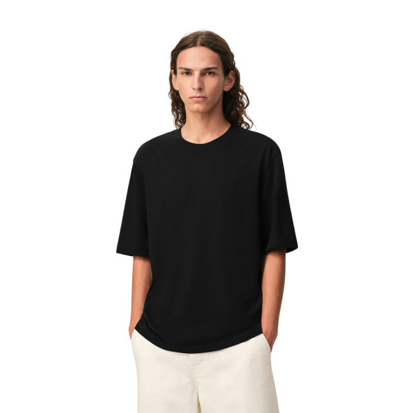 T-shirt col rond AMI Paris jersey coton épais noir cœur embossé