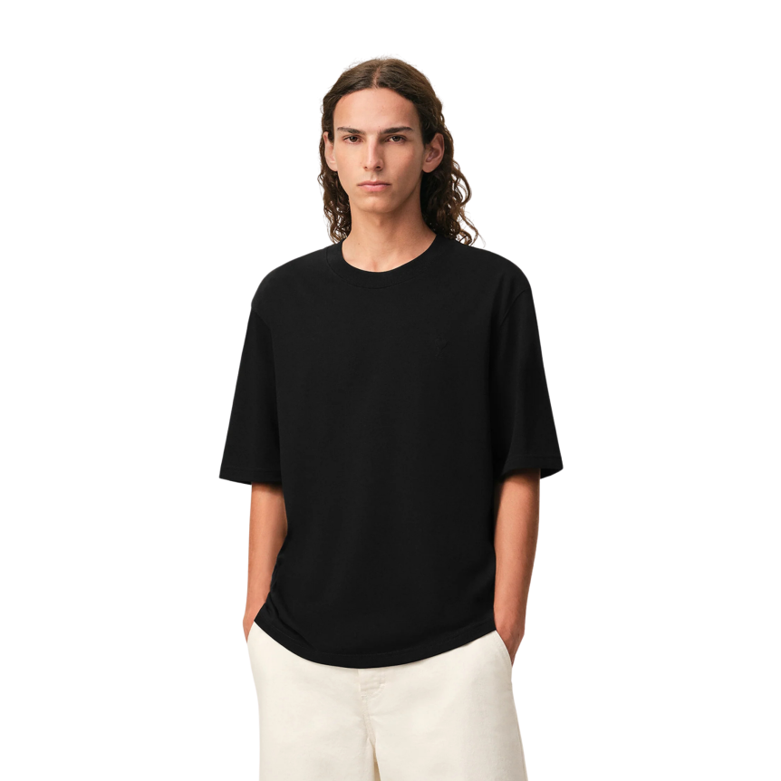 T-shirt col rond AMI Paris jersey coton épais noir cœur embossé