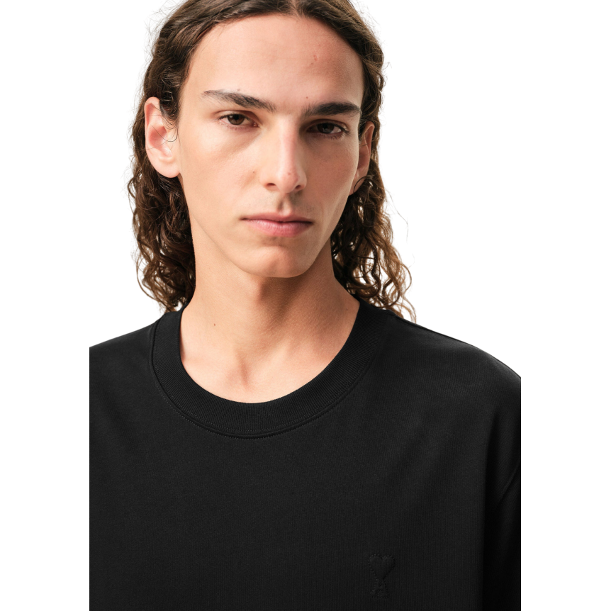 T-shirt col rond AMI Paris jersey coton épais noir cœur embossé