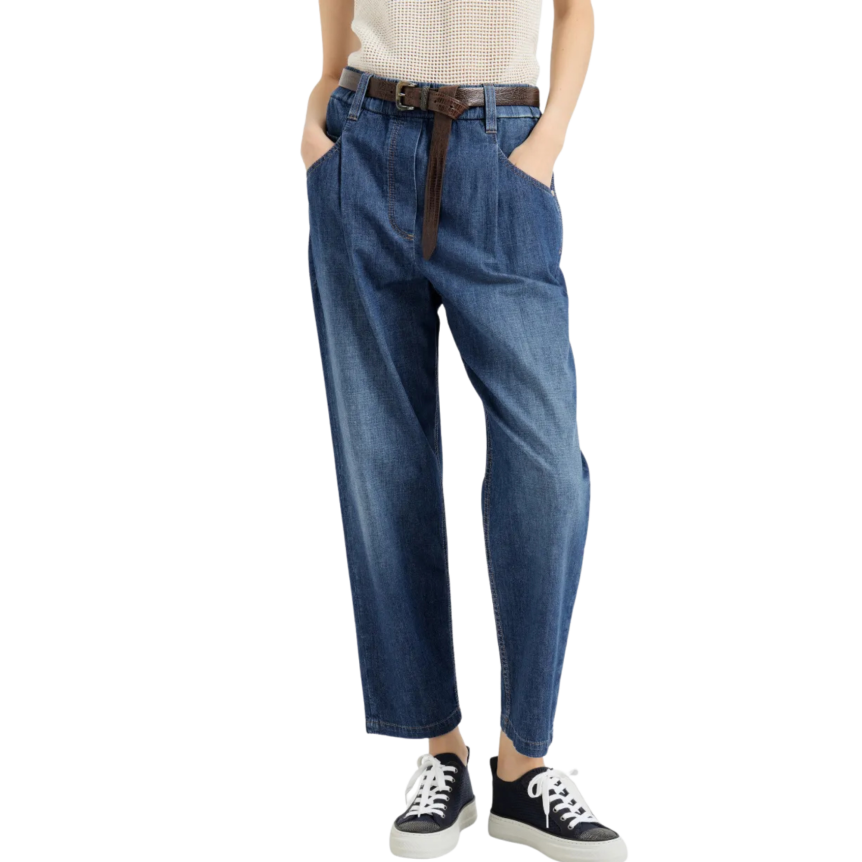 Pantalon jean BRUNELLO CUCINELLI taille élastique denim coton léger bleu multi poches