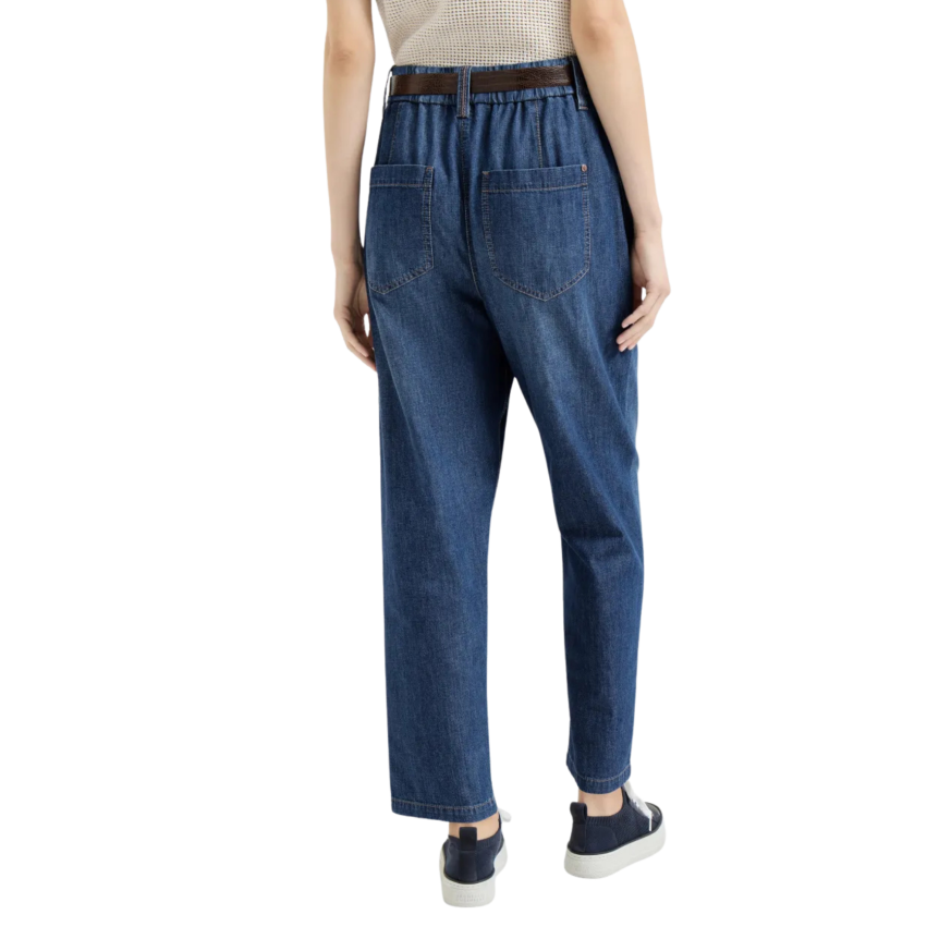 Pantalon jean BRUNELLO CUCINELLI taille élastique denim coton léger bleu multi poches
