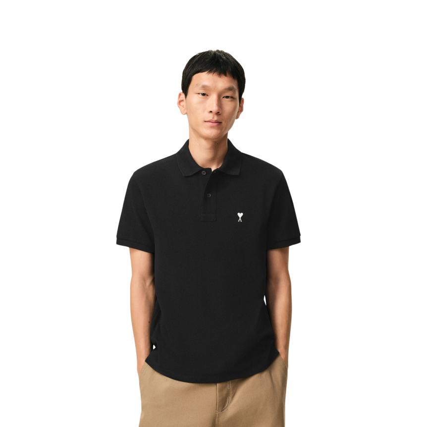 Polo manche courte AMI Paris piqué de coton noir broderie cœur blanc