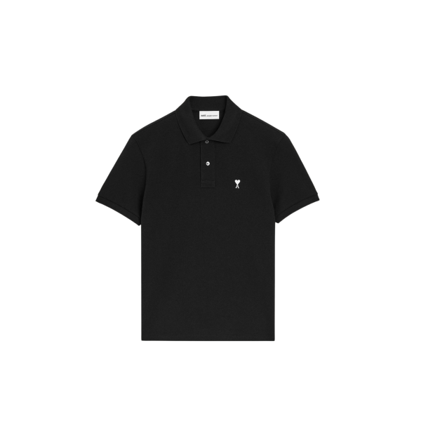 Polo manche courte AMI Paris piqué de coton noir broderie cœur blanc
