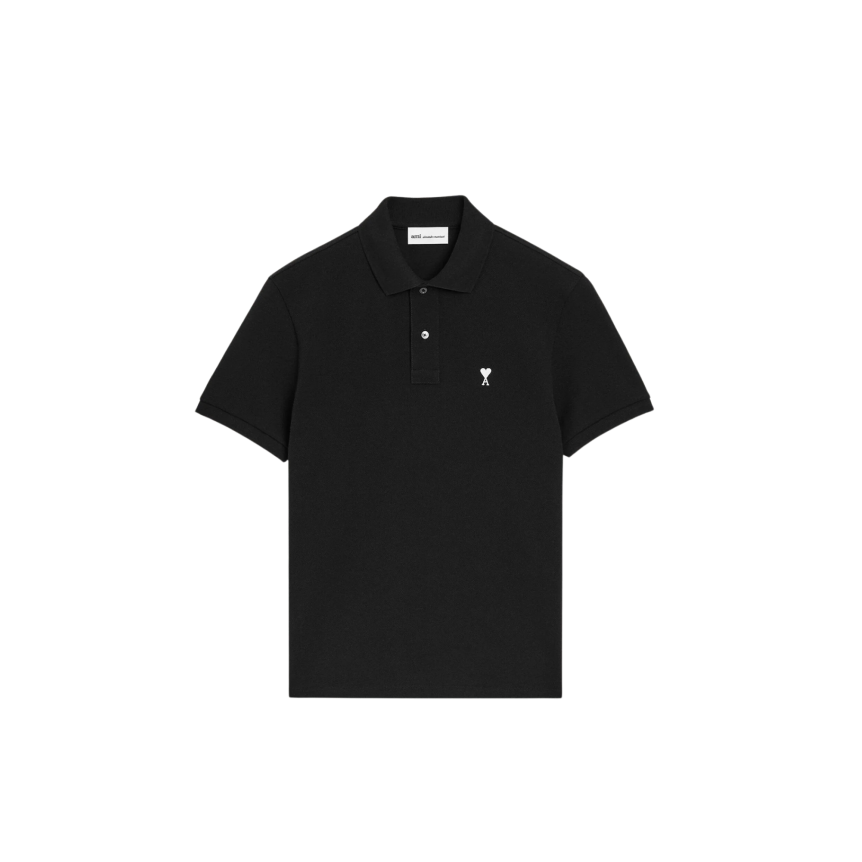 Polo manche courte AMI Paris piqué de coton noir broderie cœur blanc
