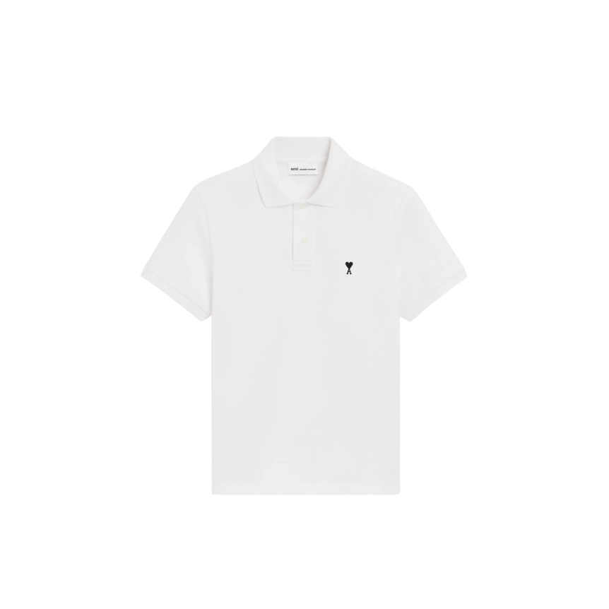 Polo manche courte AMI Paris piqué de coton blanc broderie cœur noir