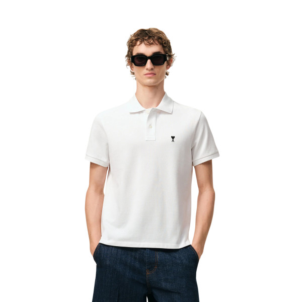 Polo manche courte AMI Paris piqué de coton blanc broderie cœur noir