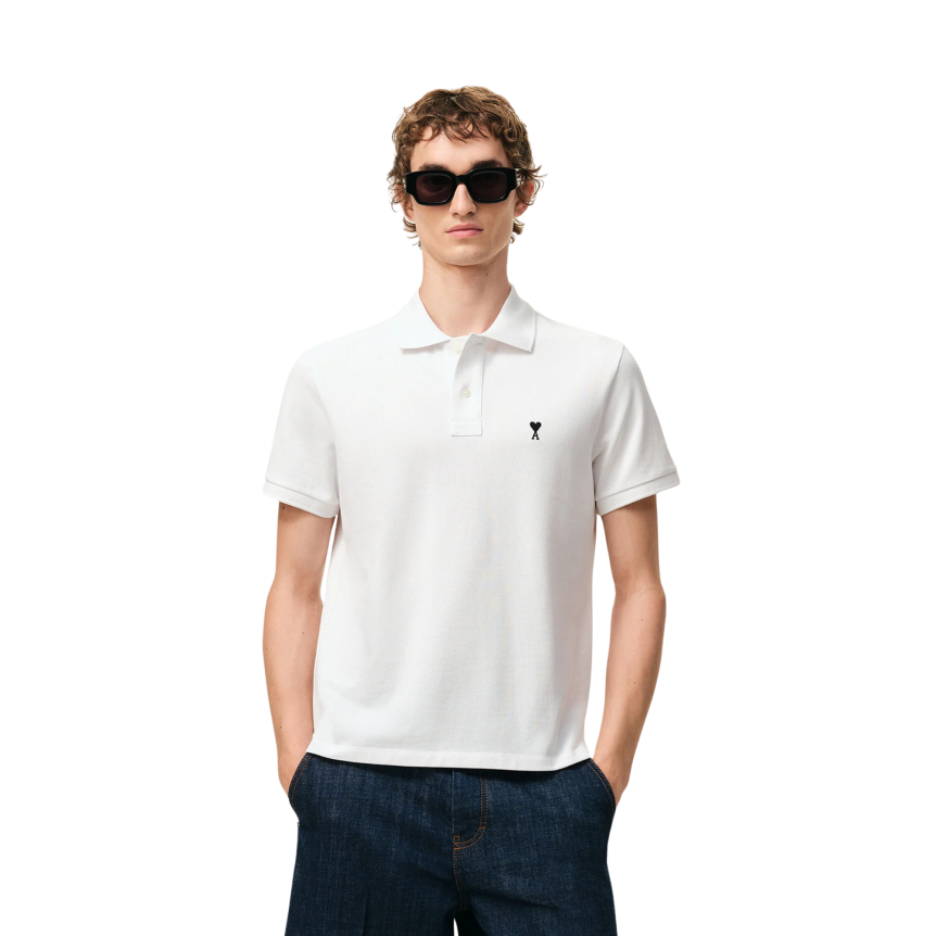 Polo manche courte AMI Paris piqué de coton blanc broderie cœur noir