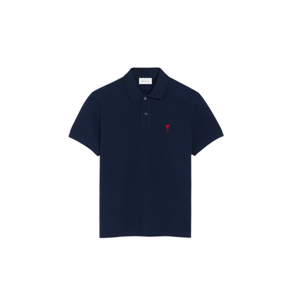 Polo manche courte AMI Paris piqué de coton bleu marine broderie cœur rouge