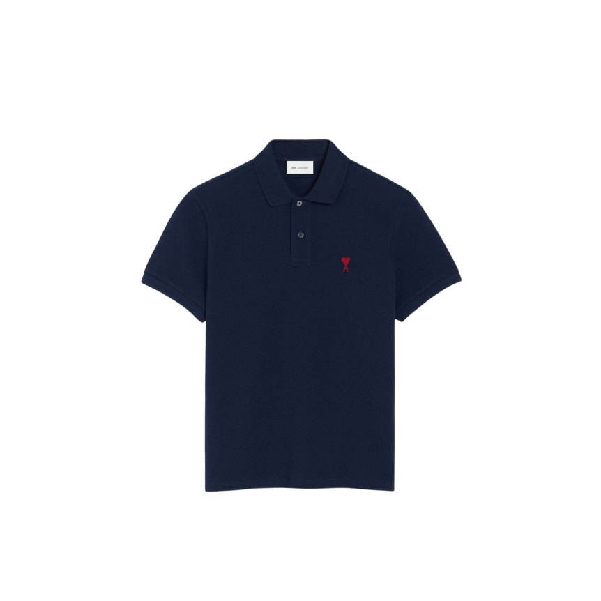 Polo manche courte AMI Paris piqué de coton bleu marine broderie cœur rouge
