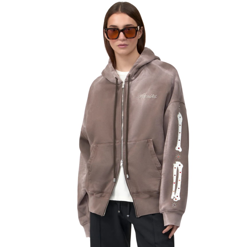 Veste zippée à capuche AMIRI Hoodie polaire marron strass Os manches