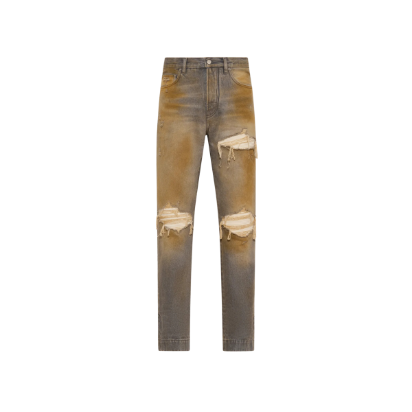 Jean 5 poches AMIRI MX1 droite bas évasé coton gris délavé jauni déchirure coton blanc