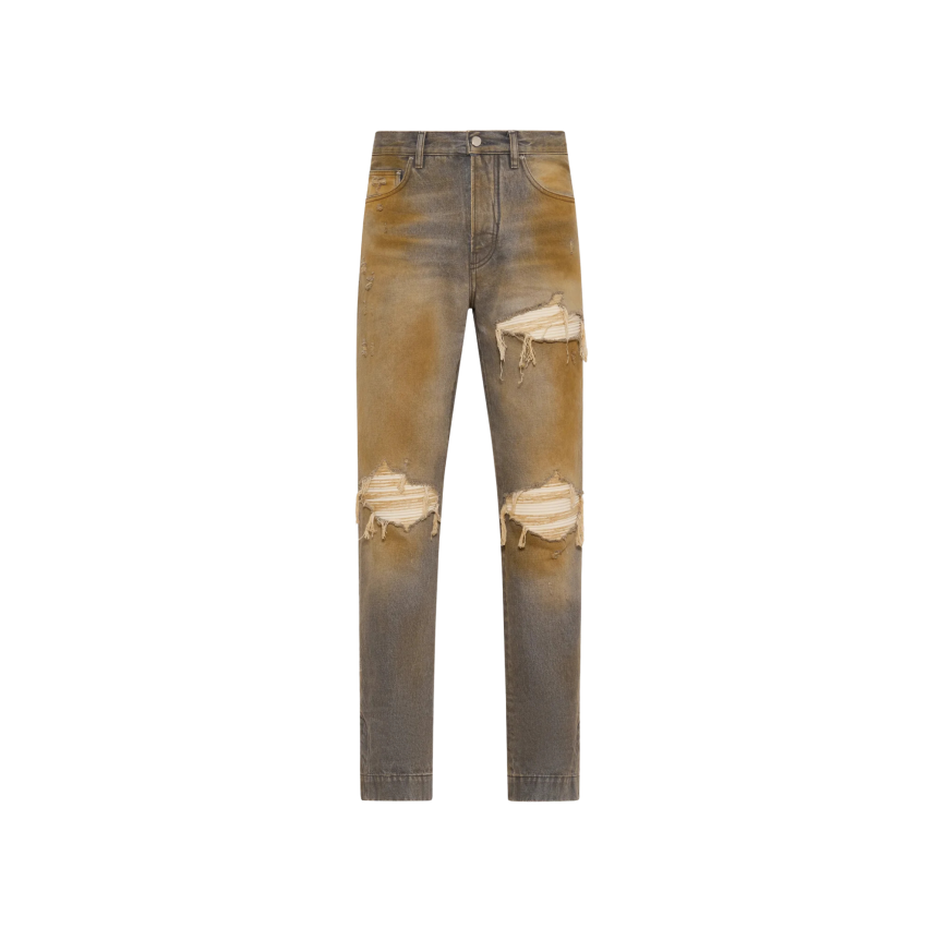 Jean 5 poches AMIRI MX1 droite bas évasé coton gris délavé jauni déchirure coton blanc