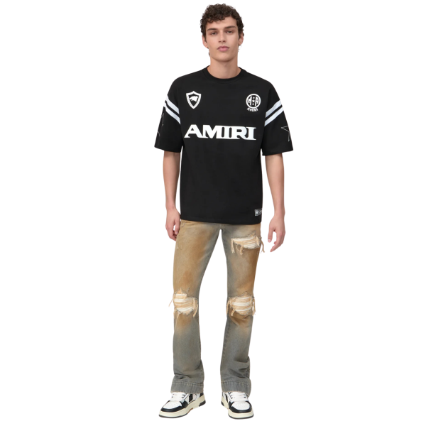 Jean 5 poches AMIRI MX1 droite bas évasé coton gris délavé jauni déchirure coton blanc