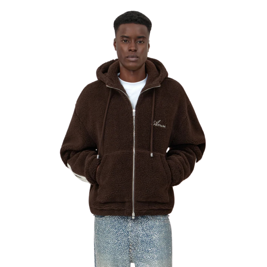 Sweat à capuche zippé AMIRI Bone Fleece polaire marron os manches
