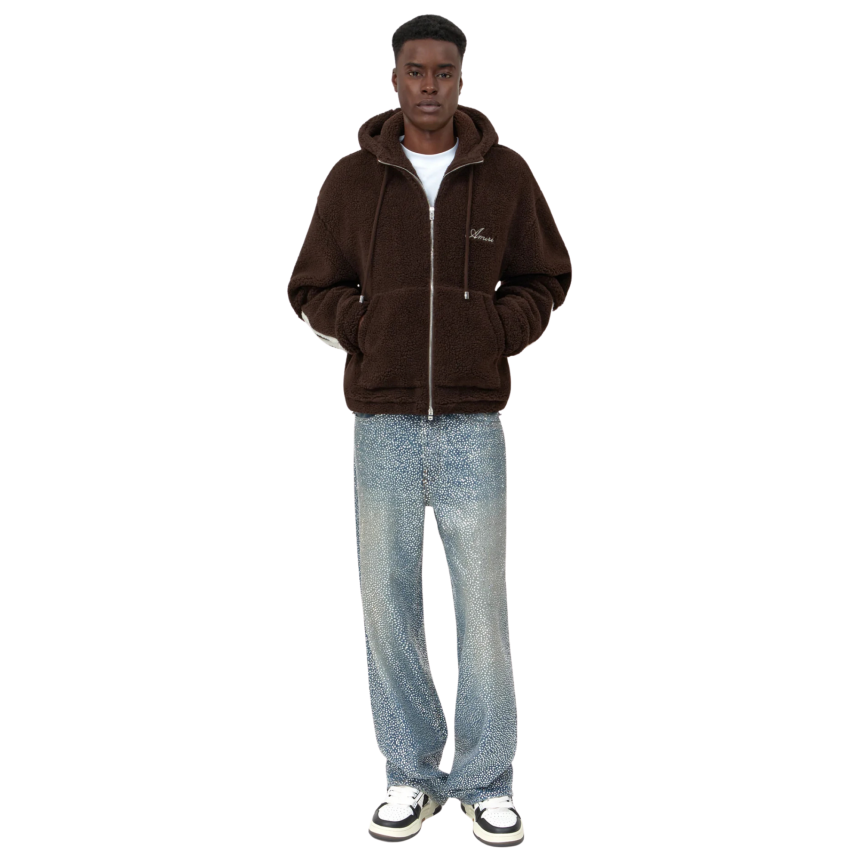 Sweat à capuche zippé AMIRI Bone Fleece polaire marron os manches