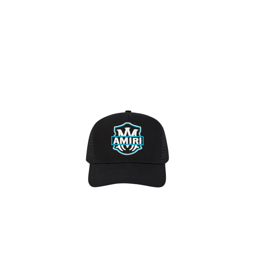 Casquette AMIRI coton noir filet broderie logo MA blanc bleu