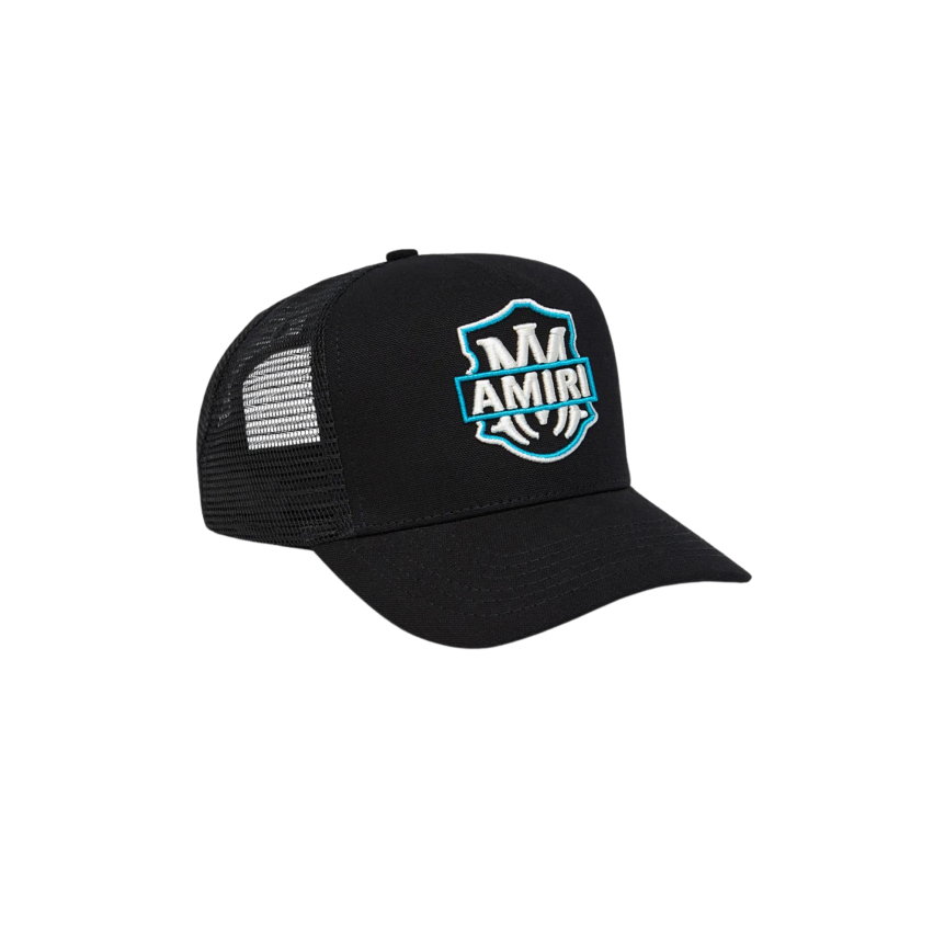 Casquette AMIRI coton noir filet broderie logo MA blanc bleu