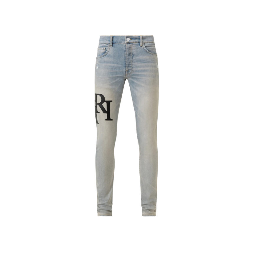 Jean 5 poches Skinny coton denim bleu clair AMIRI cuir noir