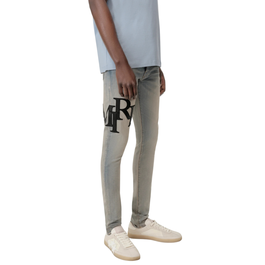 Jean 5 poches Skinny coton denim bleu clair AMIRI cuir noir