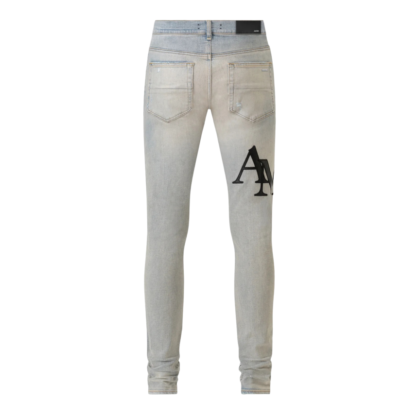 Jean 5 poches Skinny coton denim bleu clair AMIRI cuir noir