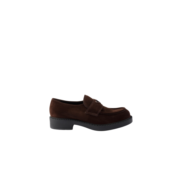 Mocassin PRADA cuir de veau daim marron chocolat logo triangle