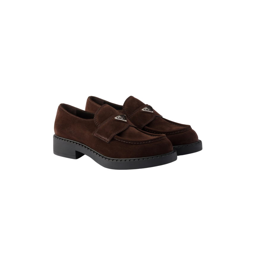 Mocassin PRADA cuir de veau daim marron chocolat logo triangle