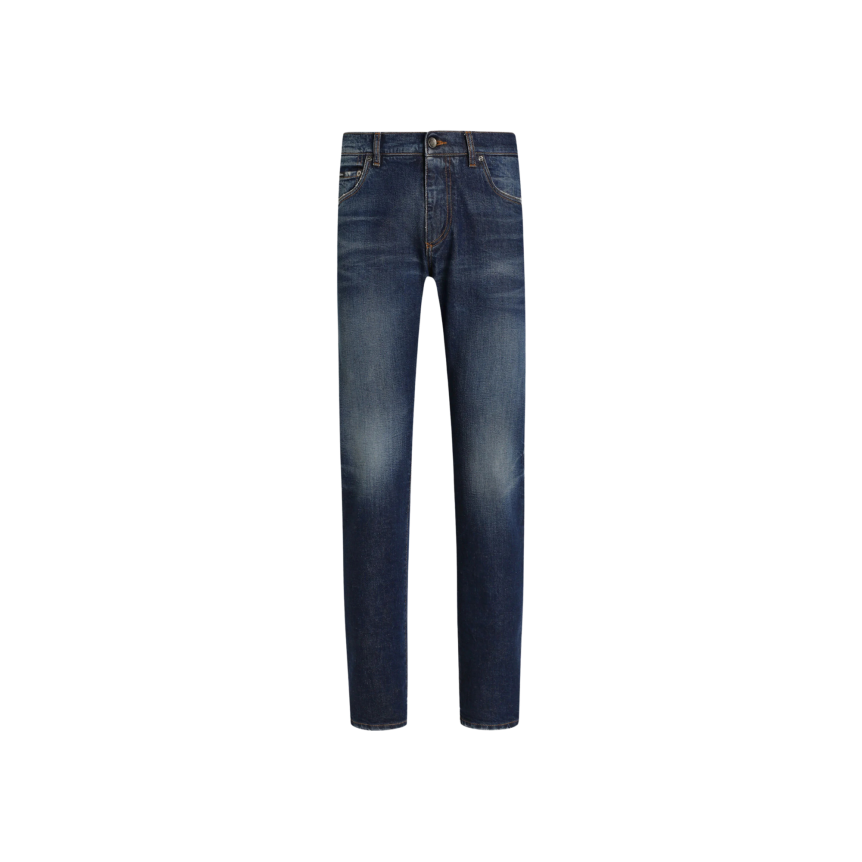 Pantalon jean coton denim bleu étiquette DG cuir