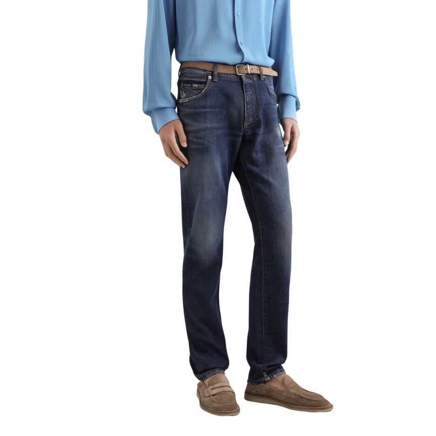 Pantalon jean coton denim bleu étiquette DG cuir