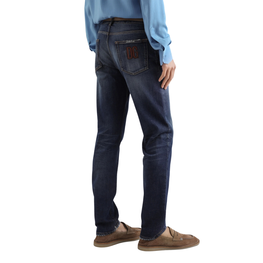 Pantalon jean coton denim bleu étiquette DG cuir