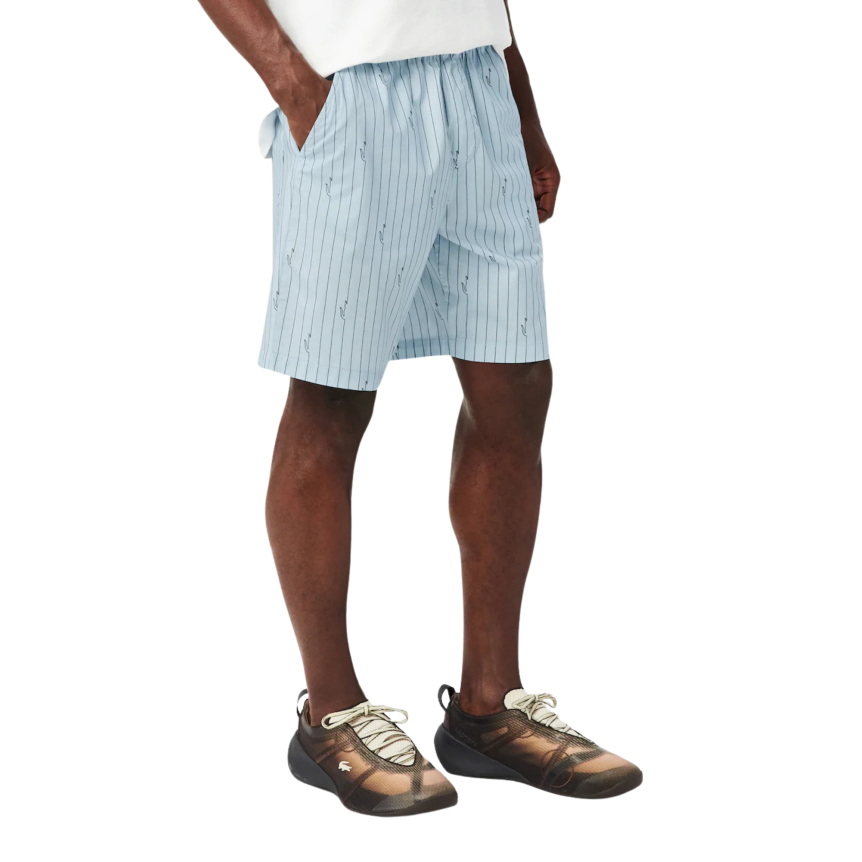 Short LACOSTE coton bleu ciel rayures marron crocodile