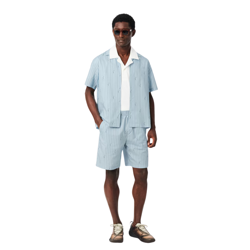 Short LACOSTE coton bleu ciel rayures marron crocodile