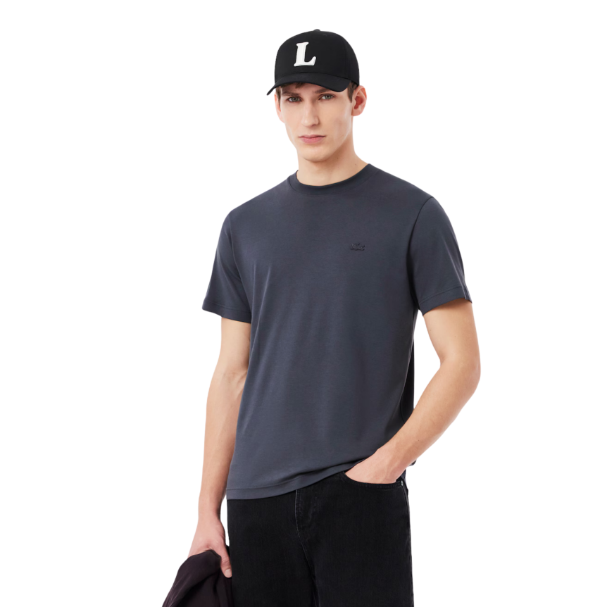 T-shirt LACOSTE col rond manche courte coton bleu marine gris broderie crocodile ton sur ton