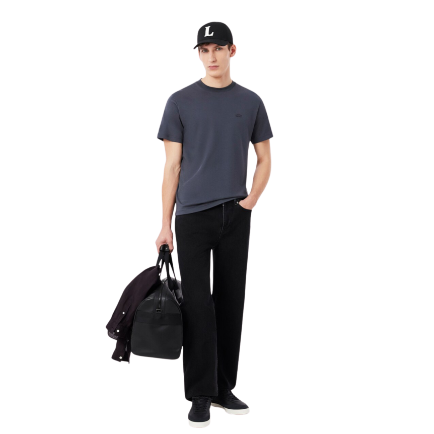 T-shirt LACOSTE col rond manche courte coton bleu marine gris broderie crocodile ton sur ton