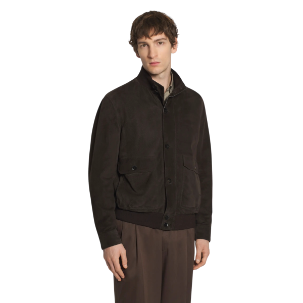 Blouson BRIONI 75 à boutonnage en daim perforé marron foncé