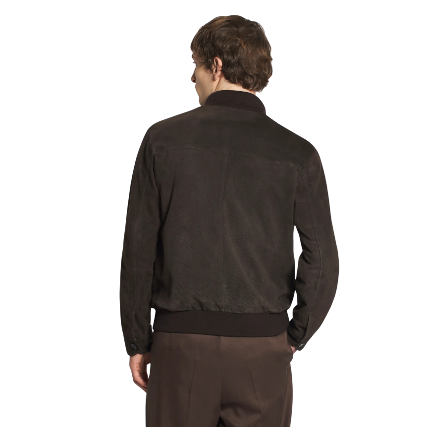 Blouson BRIONI 75 à boutonnage en daim perforé marron foncé
