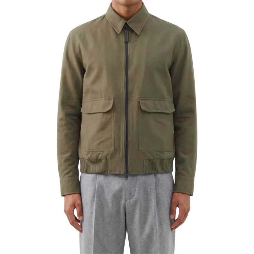 Blouson zippé à col en coton lin kaki
