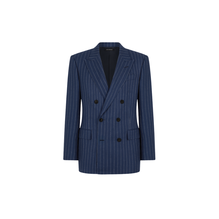 Veste croisée TOM FORD double boutonnage laine lin soie bleu rayures Tennis