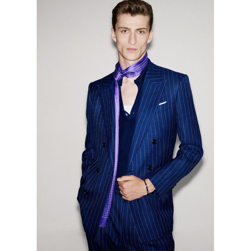 Veste croisée TOM FORD double boutonnage laine lin soie bleu rayures Tennis