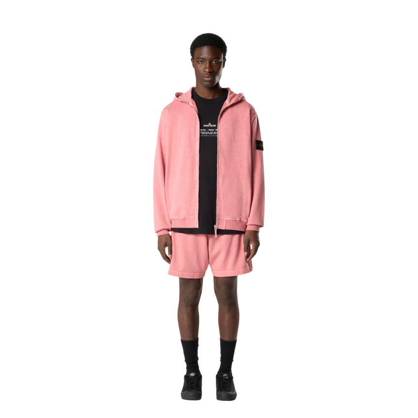 Sweat-shirt zippé STONE ISLAND capuche molleton coton flammé rose