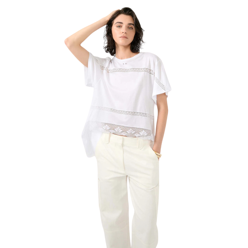 T-shirt large BARBARA BUI manche courte coton blanc incrustation dentelle