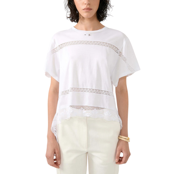 T-shirt large BARBARA BUI manche courte coton blanc incrustation dentelle