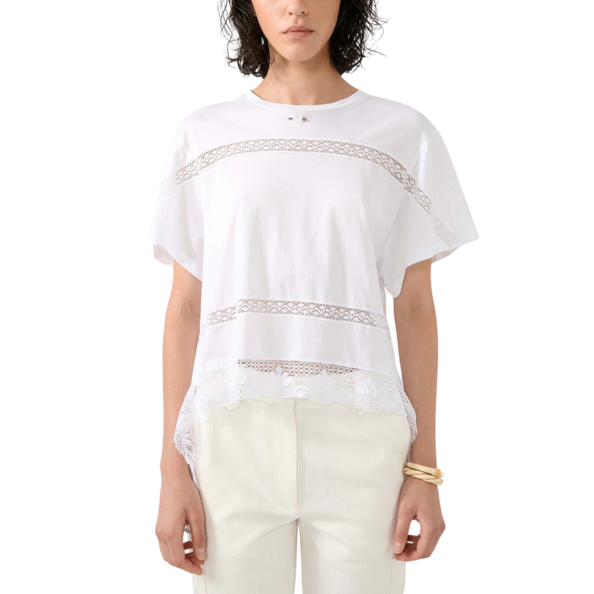 T-shirt large BARBARA BUI manche courte coton blanc incrustation dentelle