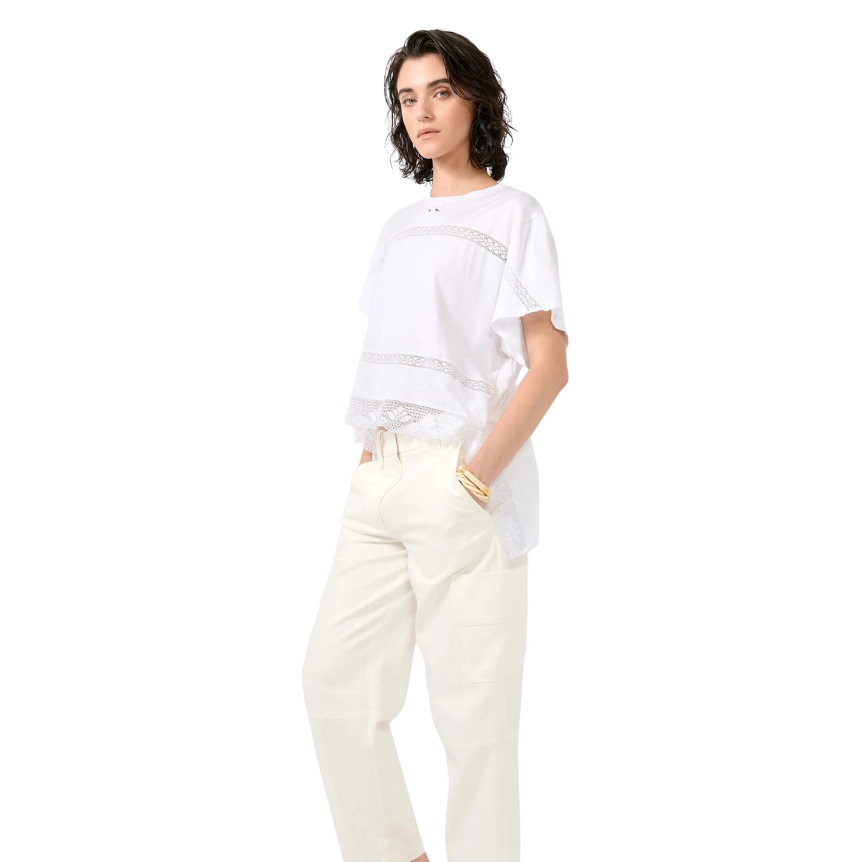 T-shirt large BARBARA BUI manche courte coton blanc incrustation dentelle