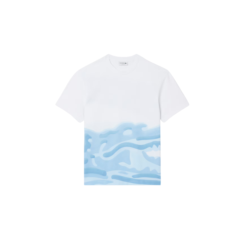 LACOSTE T-shirt manche courte col rond coton blanc imprimé maxi crocodile bleu clair