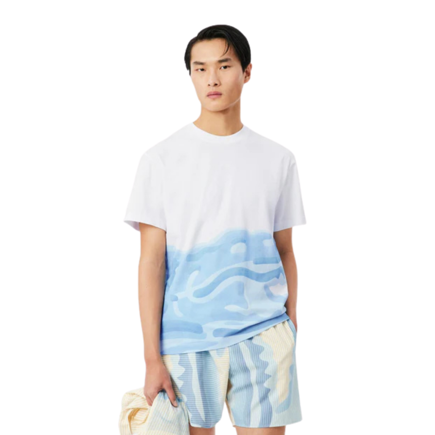 LACOSTE T-shirt manche courte col rond coton blanc imprimé maxi crocodile bleu clair