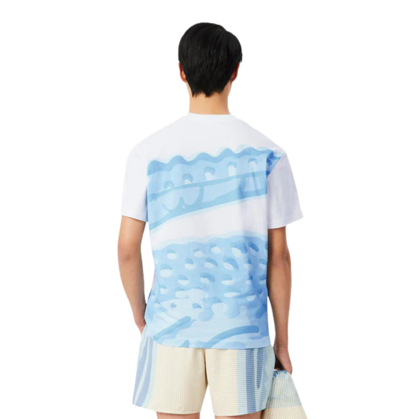 LACOSTE T-shirt manche courte col rond coton blanc imprimé maxi crocodile bleu clair