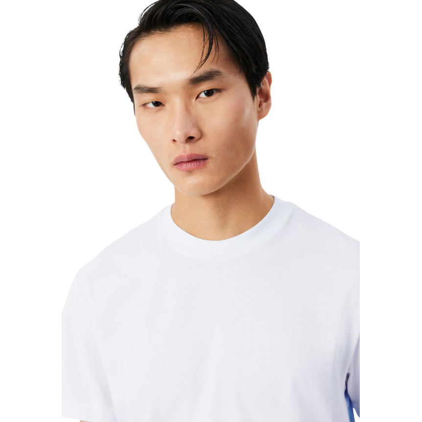 LACOSTE T-shirt manche courte col rond coton blanc imprimé maxi crocodile bleu clair