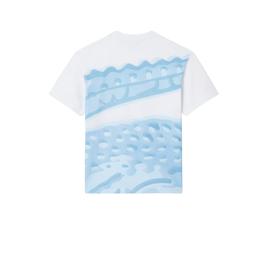 LACOSTE T-shirt manche courte col rond coton blanc imprimé maxi crocodile bleu clair