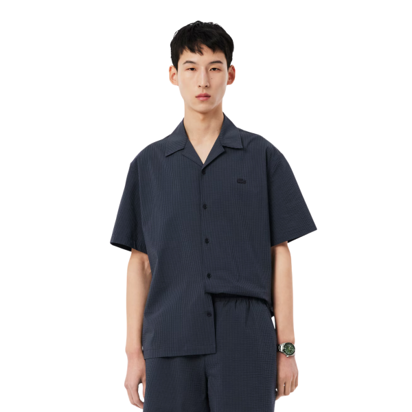 Chemise manche courte LACOSTE seersucker coton rayures noir gris