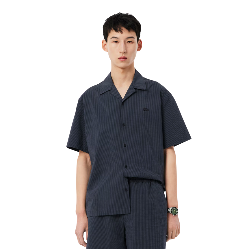 Chemise manche courte LACOSTE seersucker coton rayures noir gris